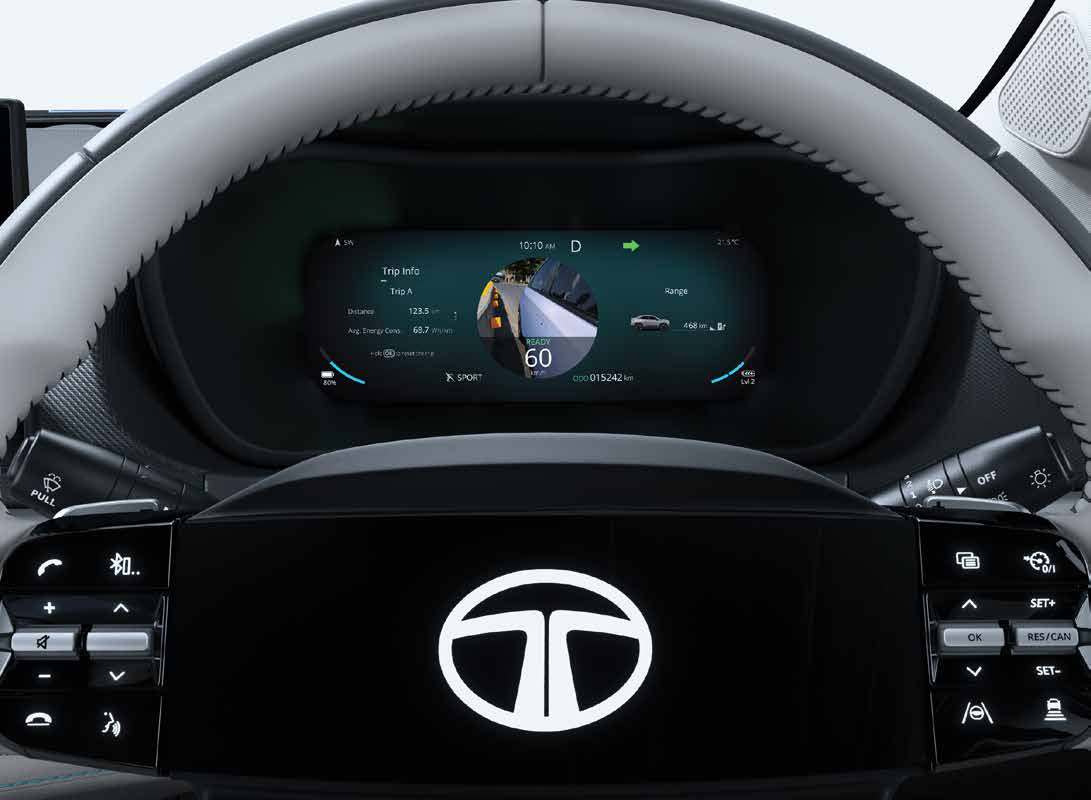 Tata Curvv EV — Camera-based Blind Spot View Monitor shows the blind-spot feed in the instrument cluster