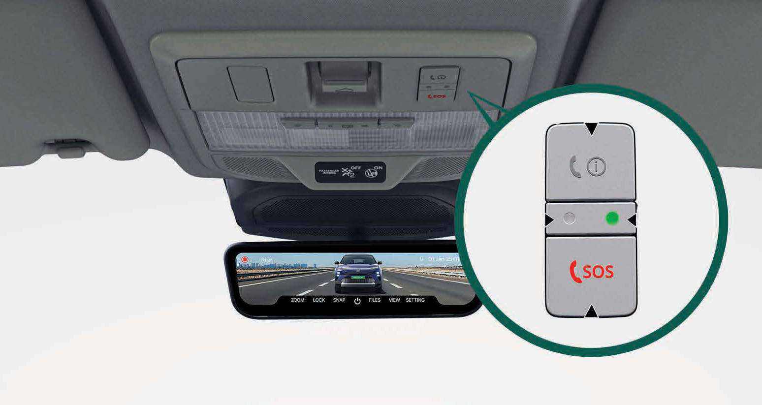 Tata Harrier EV — E-Call and B-Call buttons in the overhead console for instant emergency support; the HD digital rear-view mirror records every drive