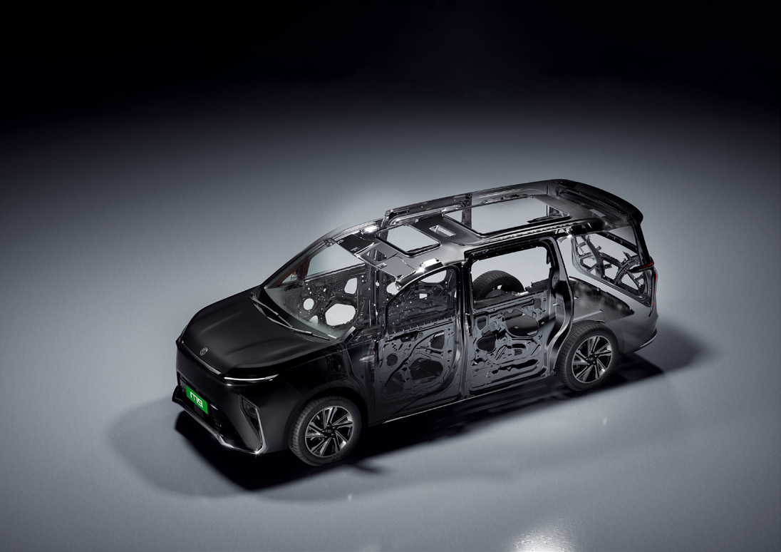 MG M9 — High-strength steel body shell exposed in an X-ray view.