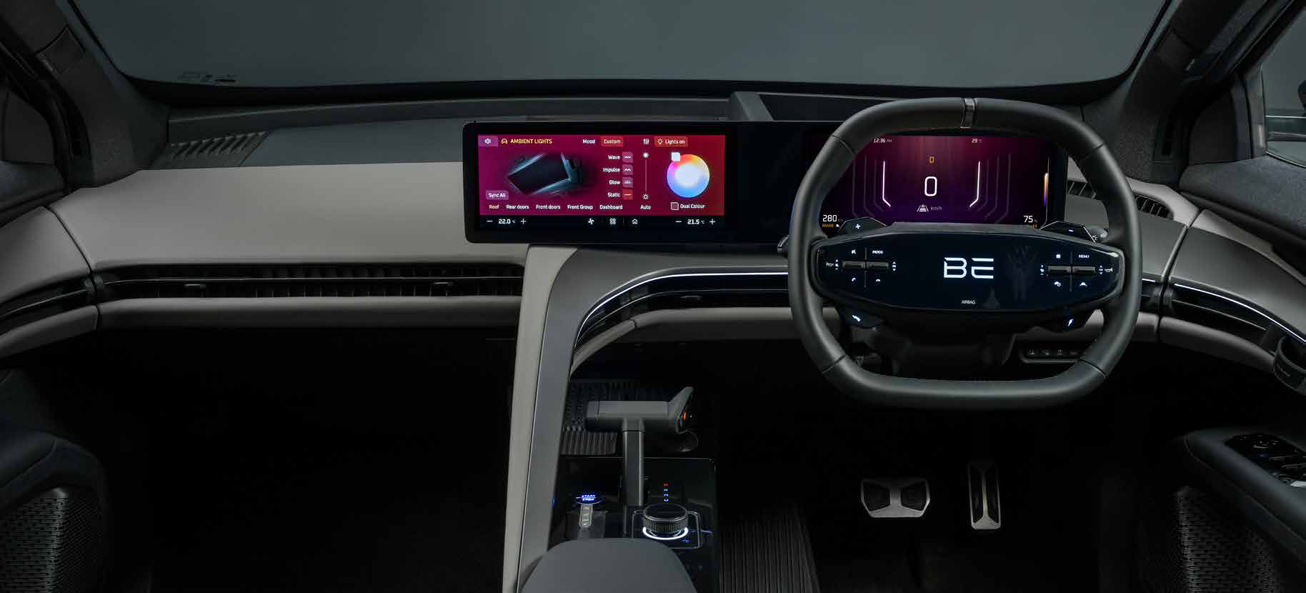 Mahindra BE 6 — Cockpit-inspired dual-screen dashboard with split centre console