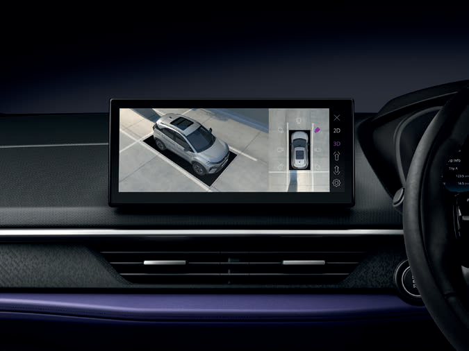 Tata Nexon — 360-degree HD surround-view camera system with blind view monitor, with 2D and 3D views on the touchscreen