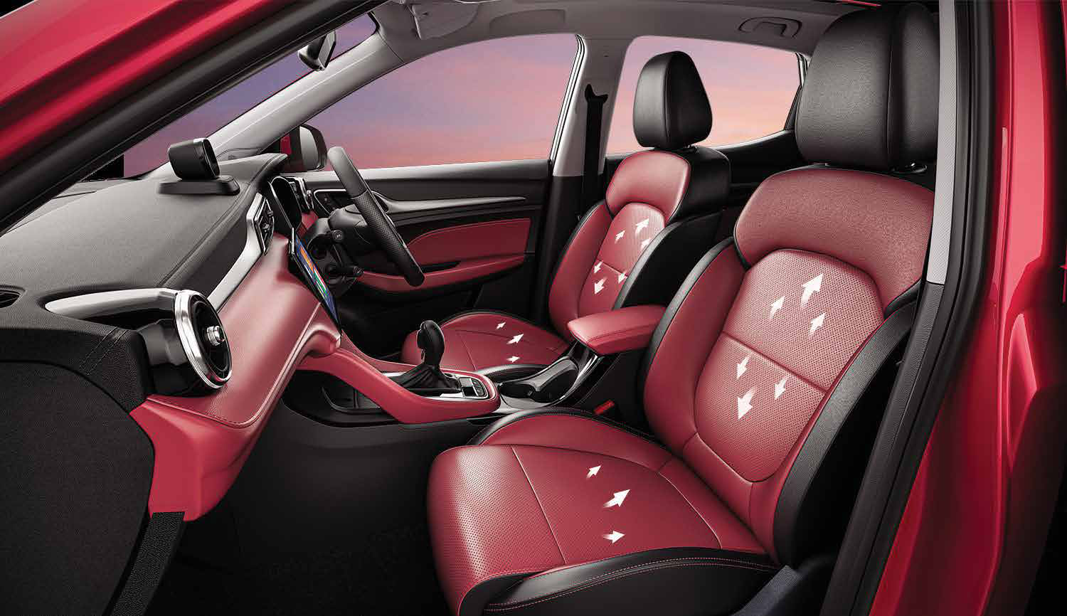 MG Astor — Front ventilated seats with layered dual-tone red upholstery.