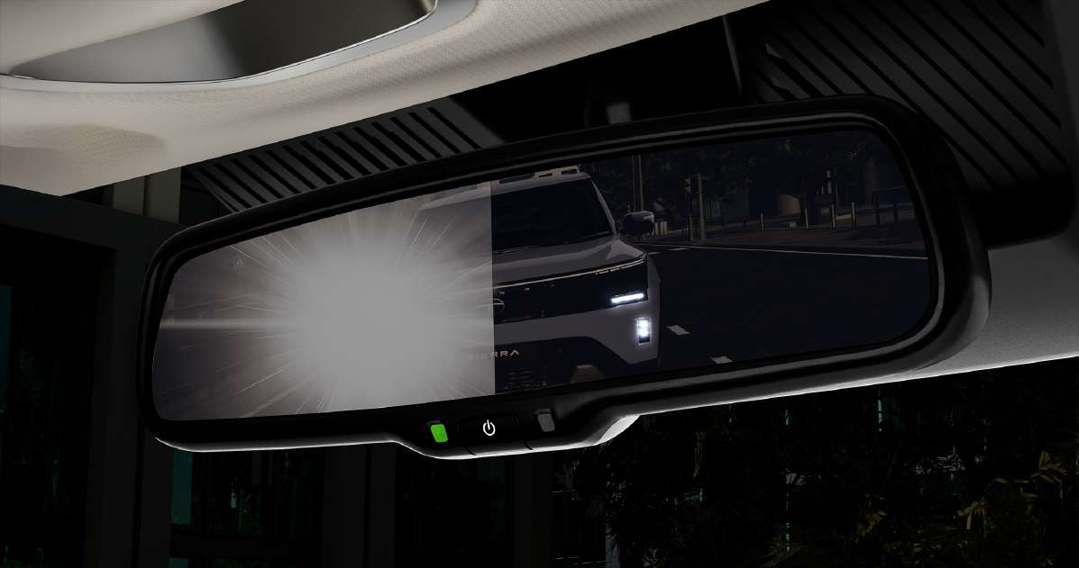Tata Sierra — Auto-dimming IRVM softens glare from headlights behind on night drives
