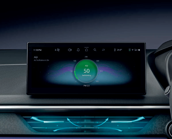 Tata Nexon — Air purifier with live AQI readout on the touchscreen