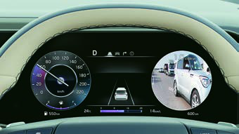 Kia Carens Clavis EV — Blind View Monitor showing the adjacent lane in the driver's cluster