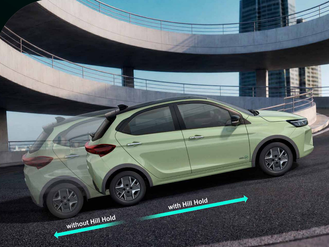 Tata Tiago EV — Hill hold control prevents rollback during uphill starts (illustration)