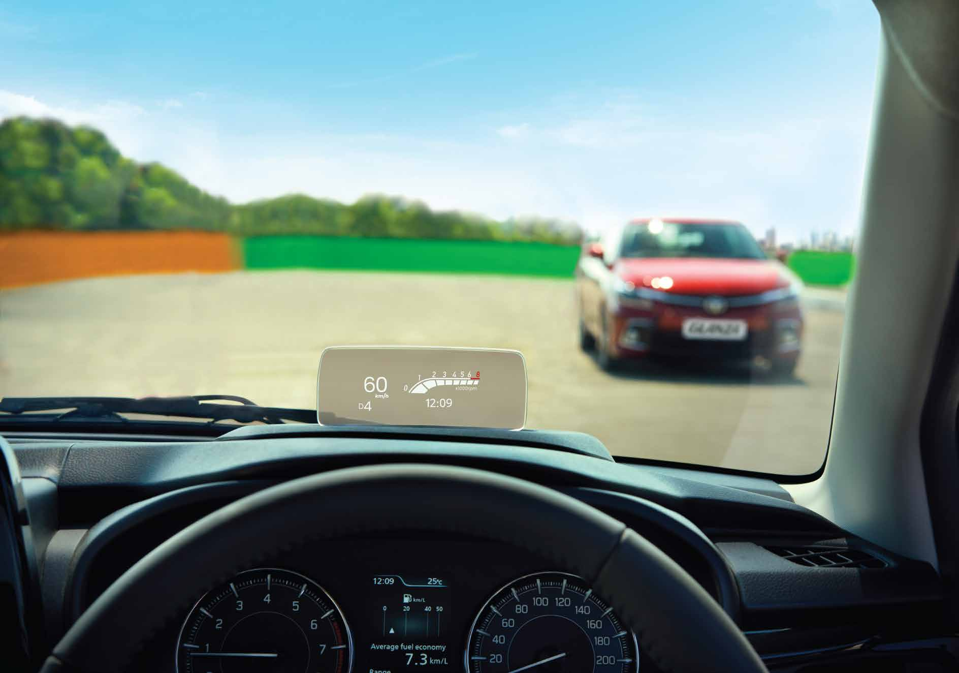Toyota Glanza — Head-Up Display projects speed and drive data onto the windscreen, keeping eyes on the road.