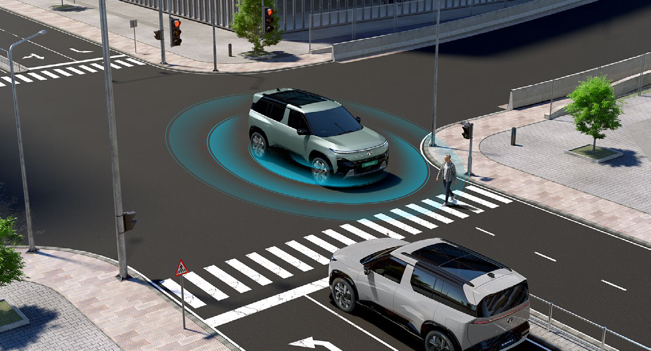 Tata Sierra EV — Acoustic Vehicle Alerting System (AVAS) sounds the EV's arrival to protect pedestrians