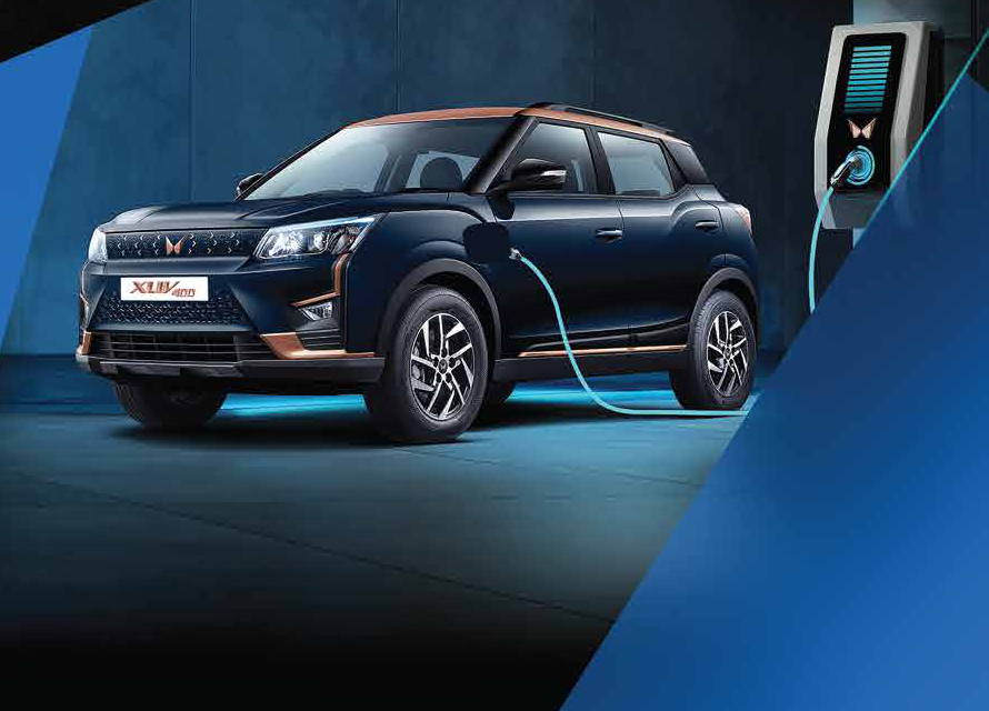 Mahindra XUV400 — Home AC wallbox charging with CCS2 charging port and ambient underbody glow