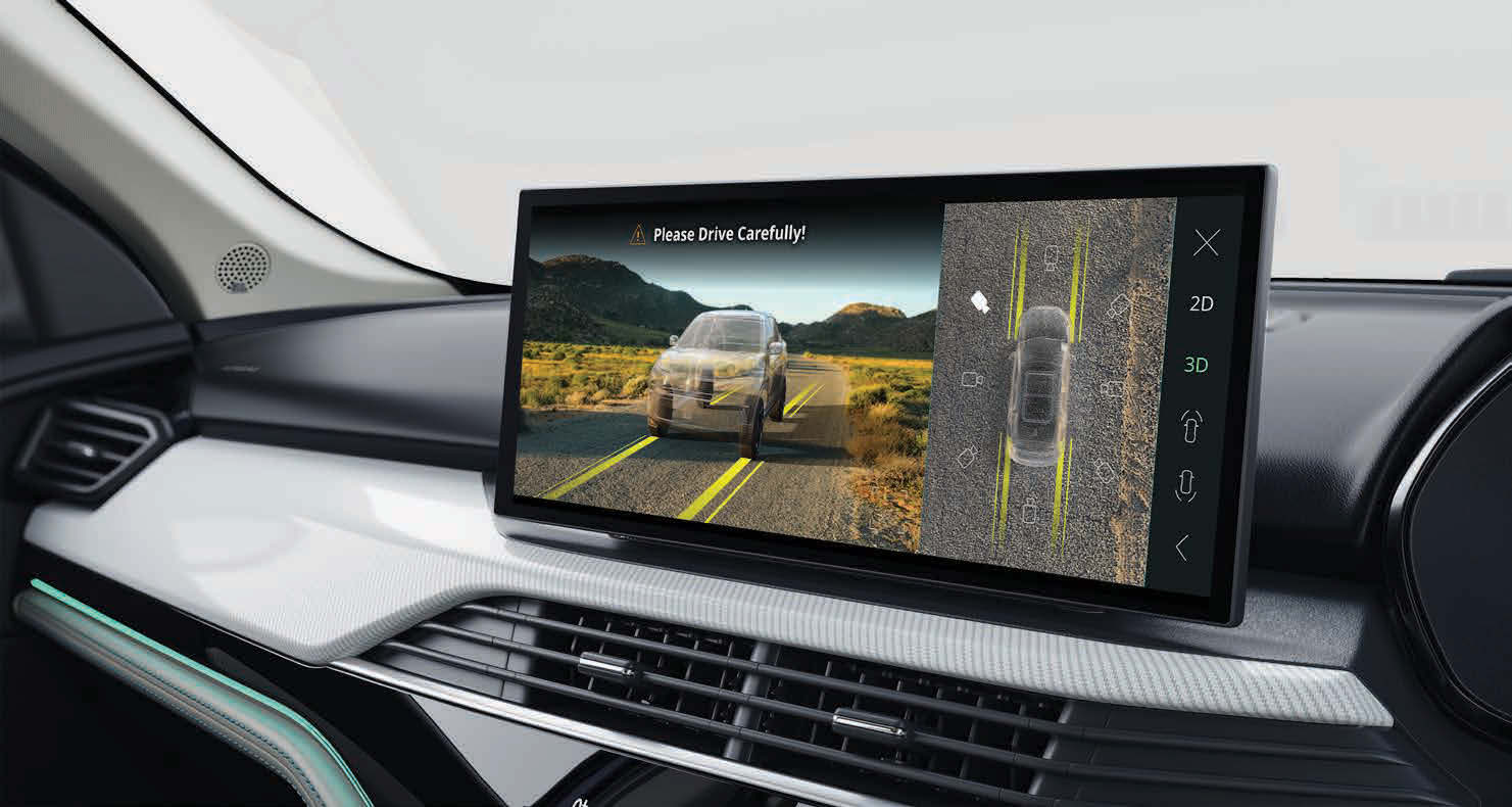 Tata Harrier EV — 540-degree Surround View with Transparent Mode - a 360-degree HD camera feed plus a view of what's under the car