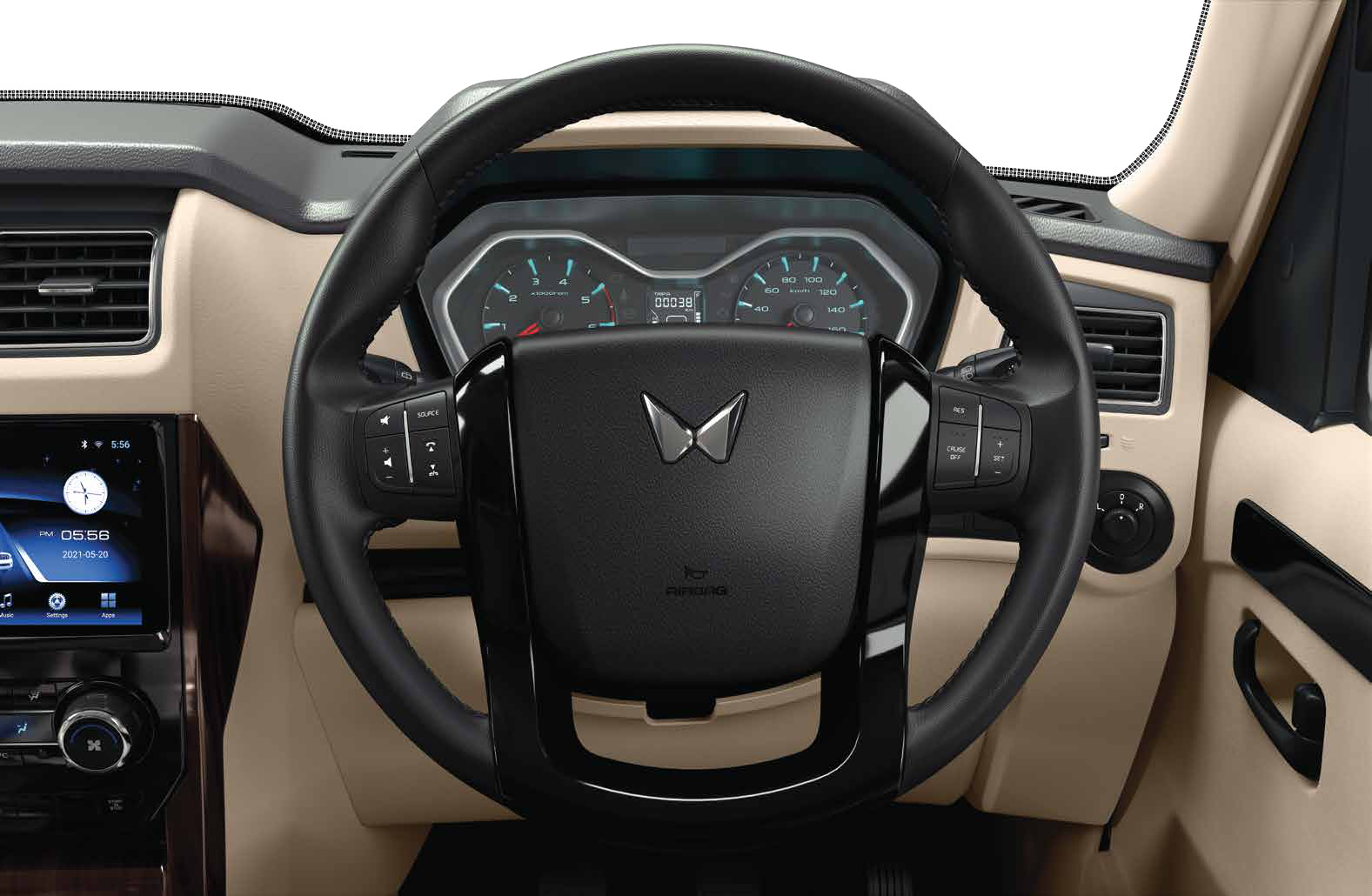 Mahindra Scorpio Classic — Steering-mounted audio and cruise control buttons ahead of the twin-dial instrument cluster