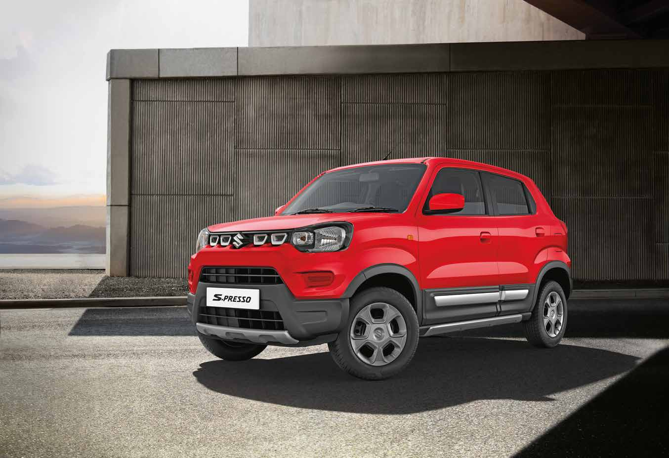 Maruti Suzuki S-Presso — SUV-inspired styling with silver front skid plate, cladded wheel arches and body-side cladding.