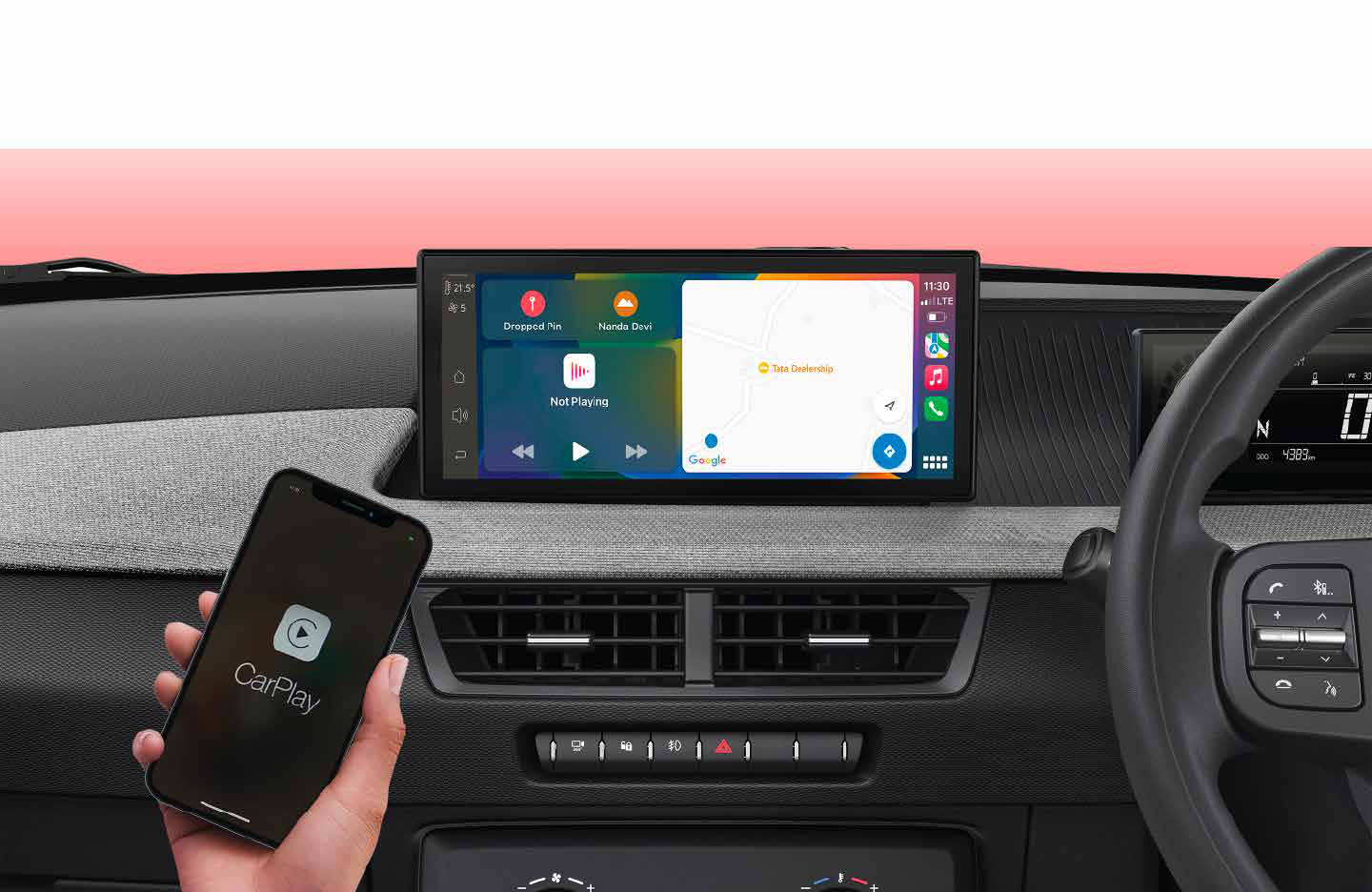 Tata Tiago — Wireless Apple CarPlay and Android Auto on the Ultra View 26.03 cm HD touchscreen infotainment