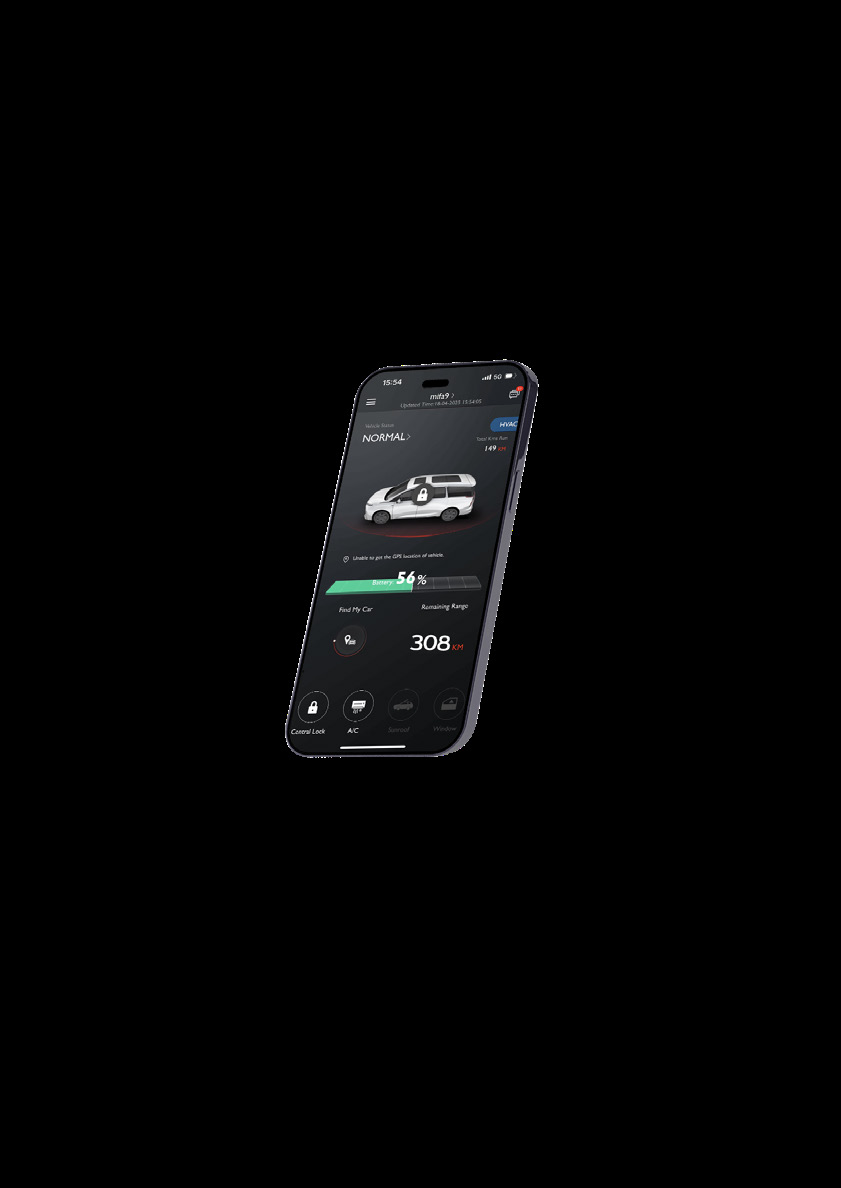 MG M9 — Smartphone app showing remote vehicle status, battery level and controls.