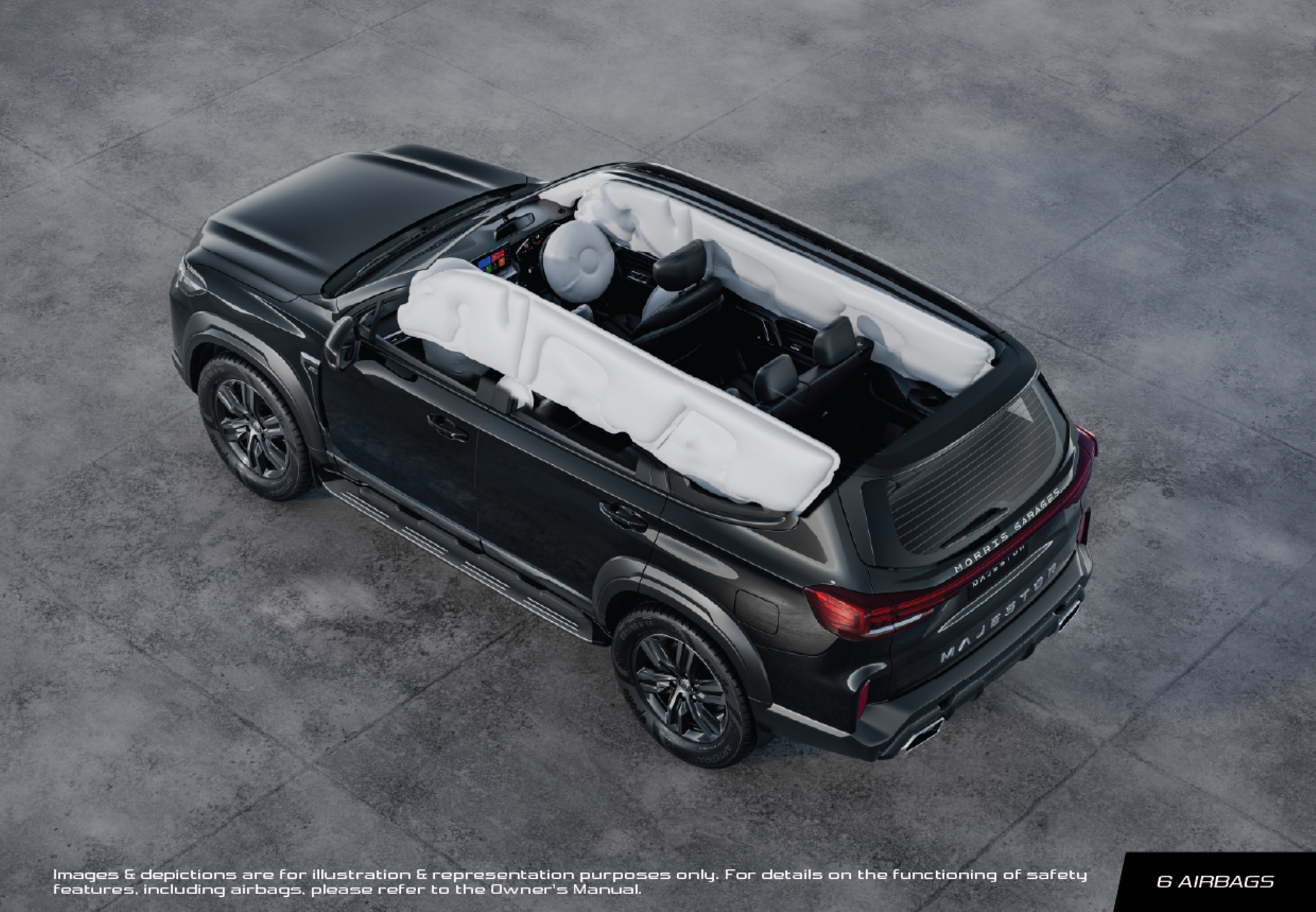 MG Majestor — Six-airbag coverage illustrated across the front, side and curtain zones