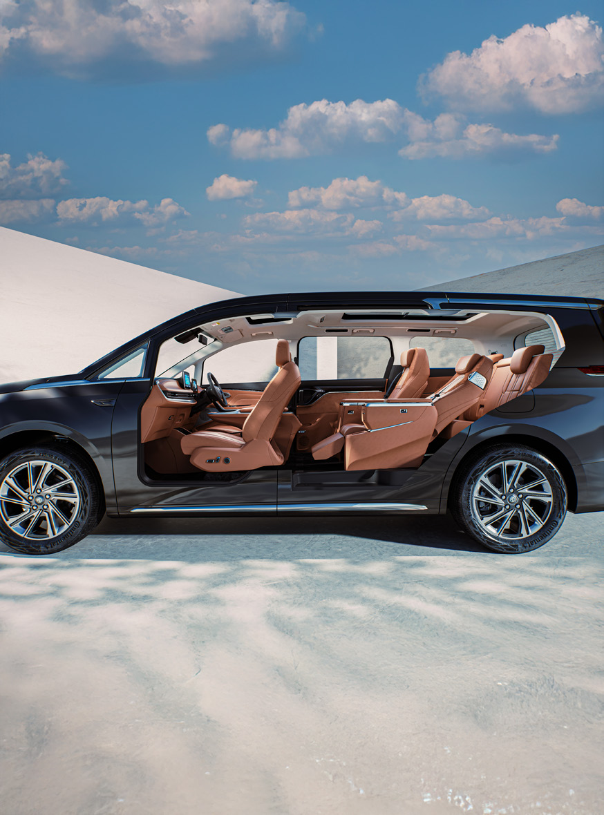 MG M9 — See-through view of the seven-seat lounge cabin layout.