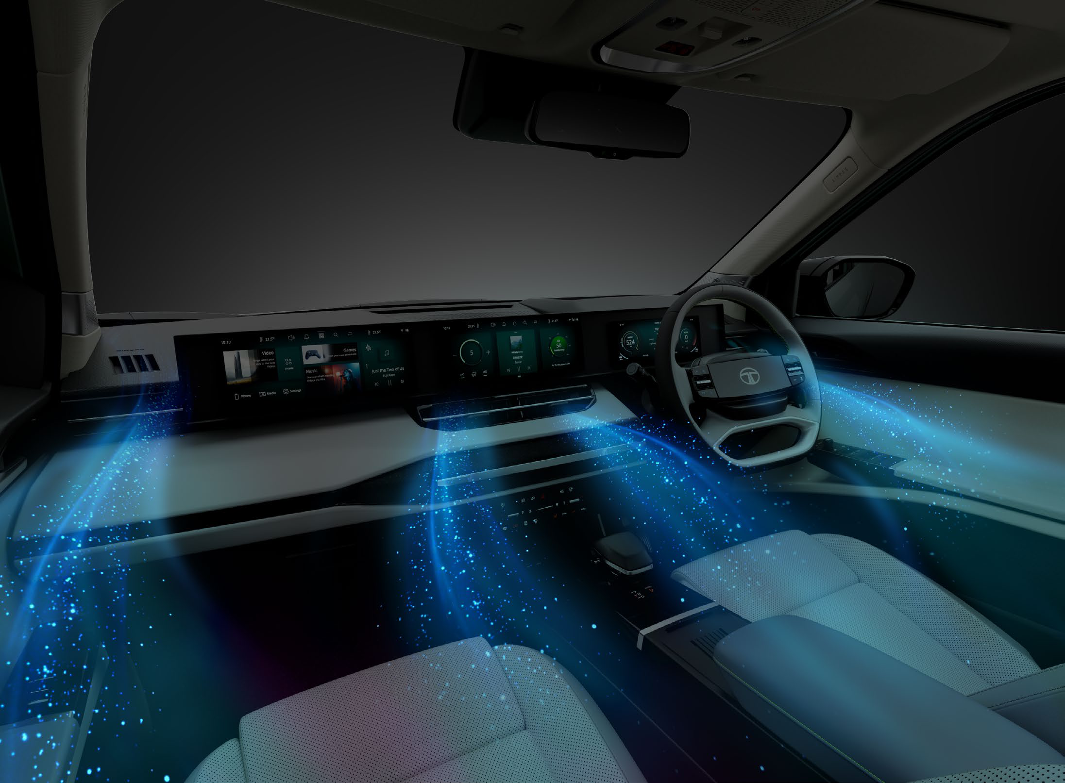 Tata Sierra EV — BreatheIQ purifier with ioniser continuously transforms cabin air, with real-time AQI display