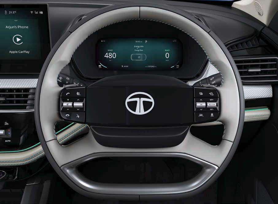 Tata Harrier EV — Smart digital steering wheel puts seamless controls at your fingertips, framing the 26.03 cm digital cockpit display