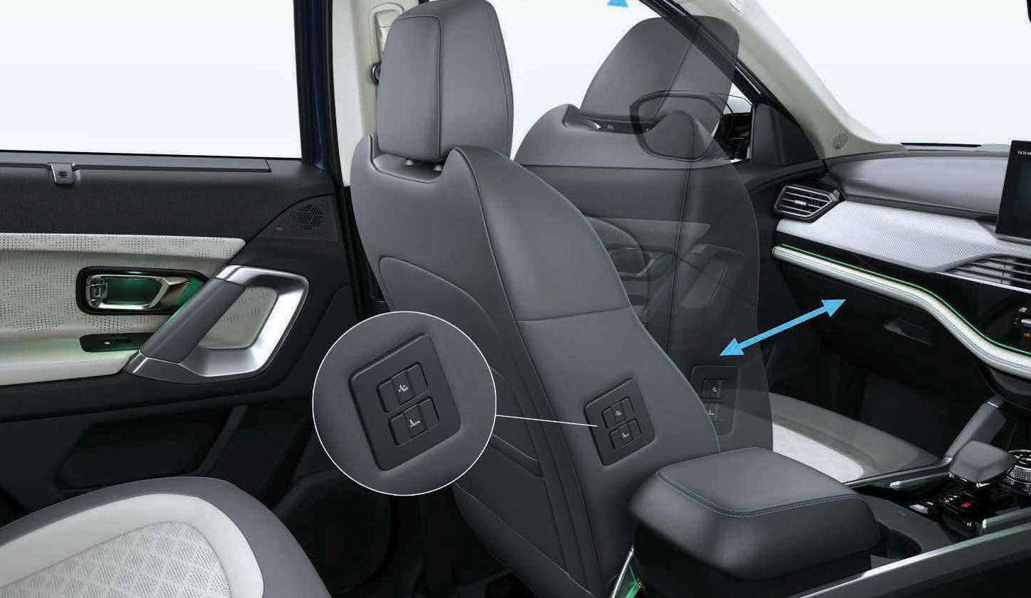 Tata Harrier EV — Powered Boss Mode slides the front co-passenger seat forward at the touch of a button, opening up stretch-out space