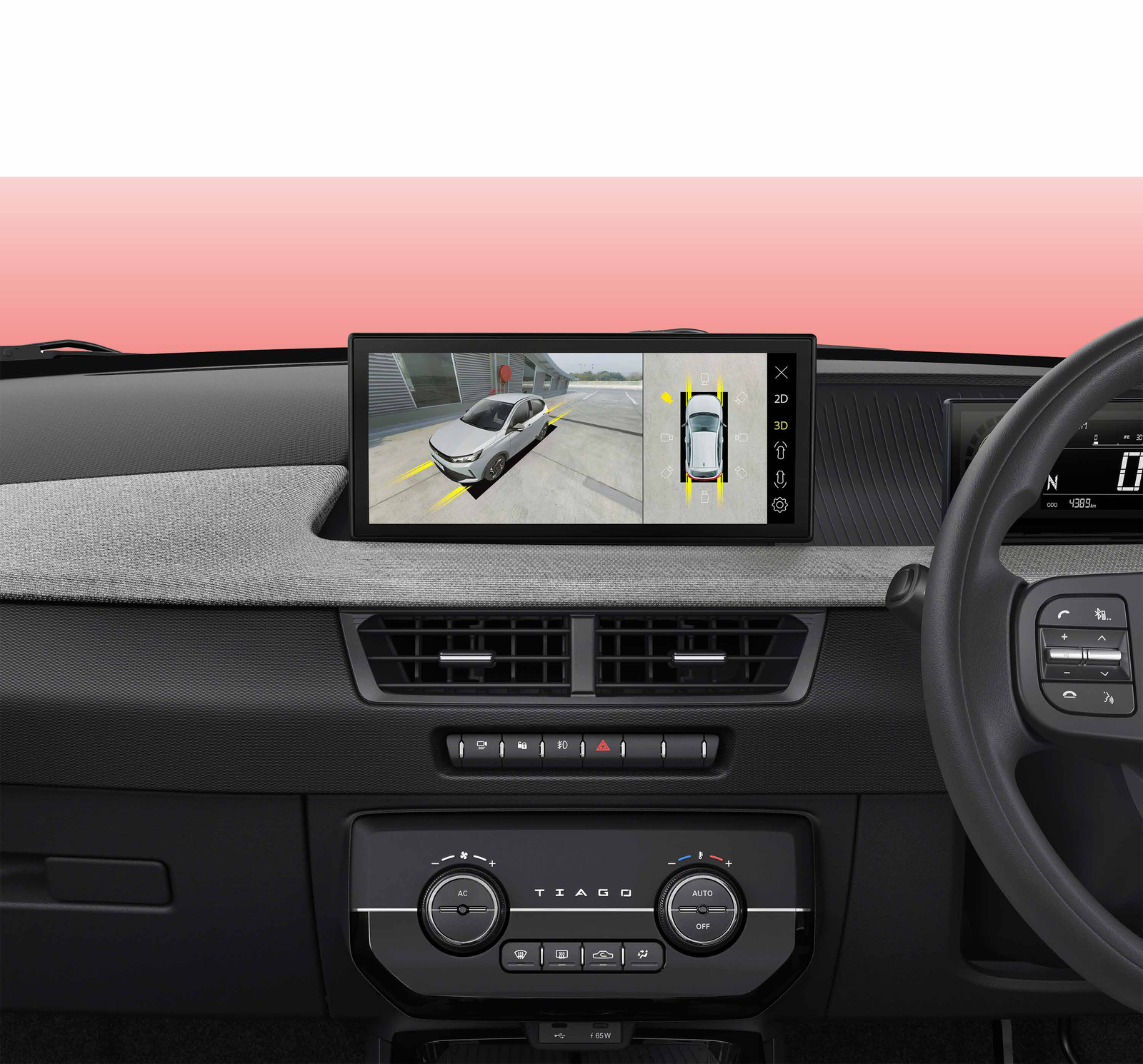 Tata Tiago — 360-degree SVS HD camera shows 3D and 2D surround views on the touchscreen to spot kerbs and obstacles