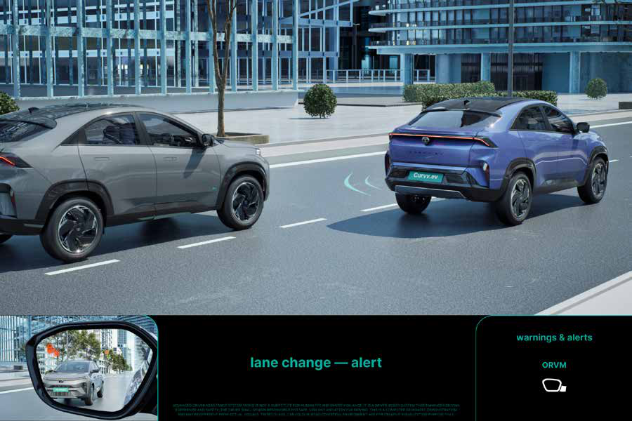 Tata Curvv EV — Lane Change Alert warns of vehicles approaching in the target lane via the ORVM