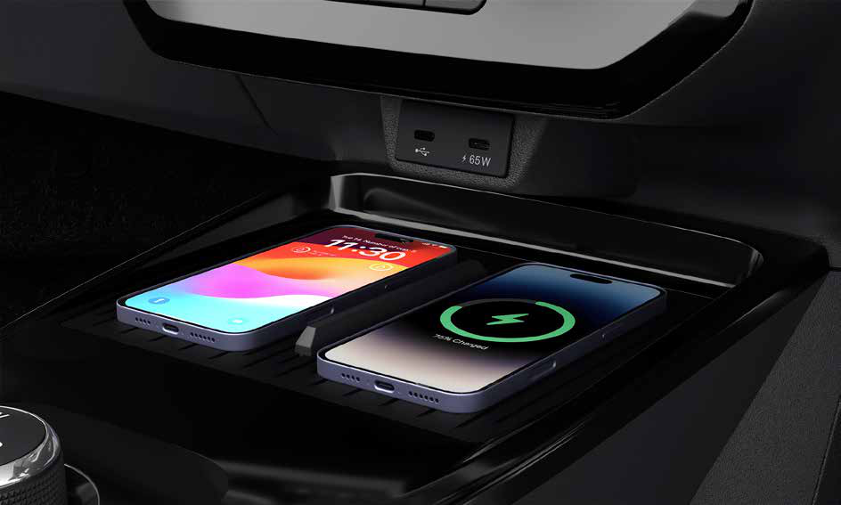 Tata Tiago — Dual smartphone deck holds two devices, with a wireless charger and 65W Type-C fast charging