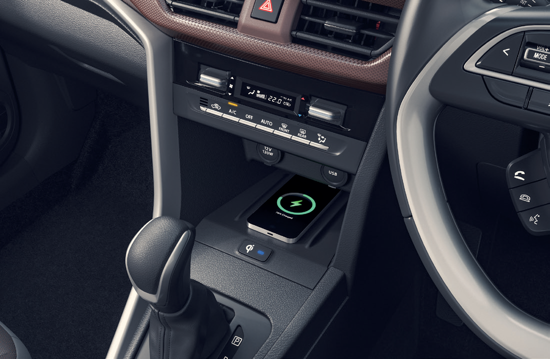 Maruti Suzuki Brezza (2022-2025) — Wireless charging dock with 12V and USB outlets.