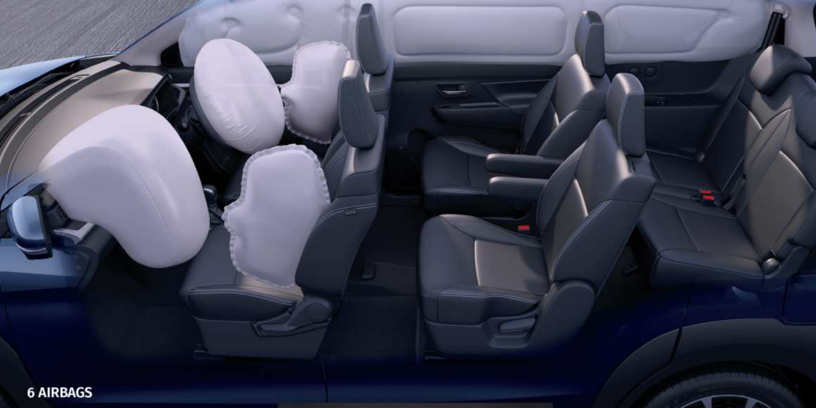 Maruti Suzuki XL6 — Six airbags shown deployed across the cabin