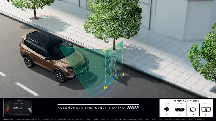 Tata Safari — Autonomous emergency braking with pedestrian detection and forward collision warning
