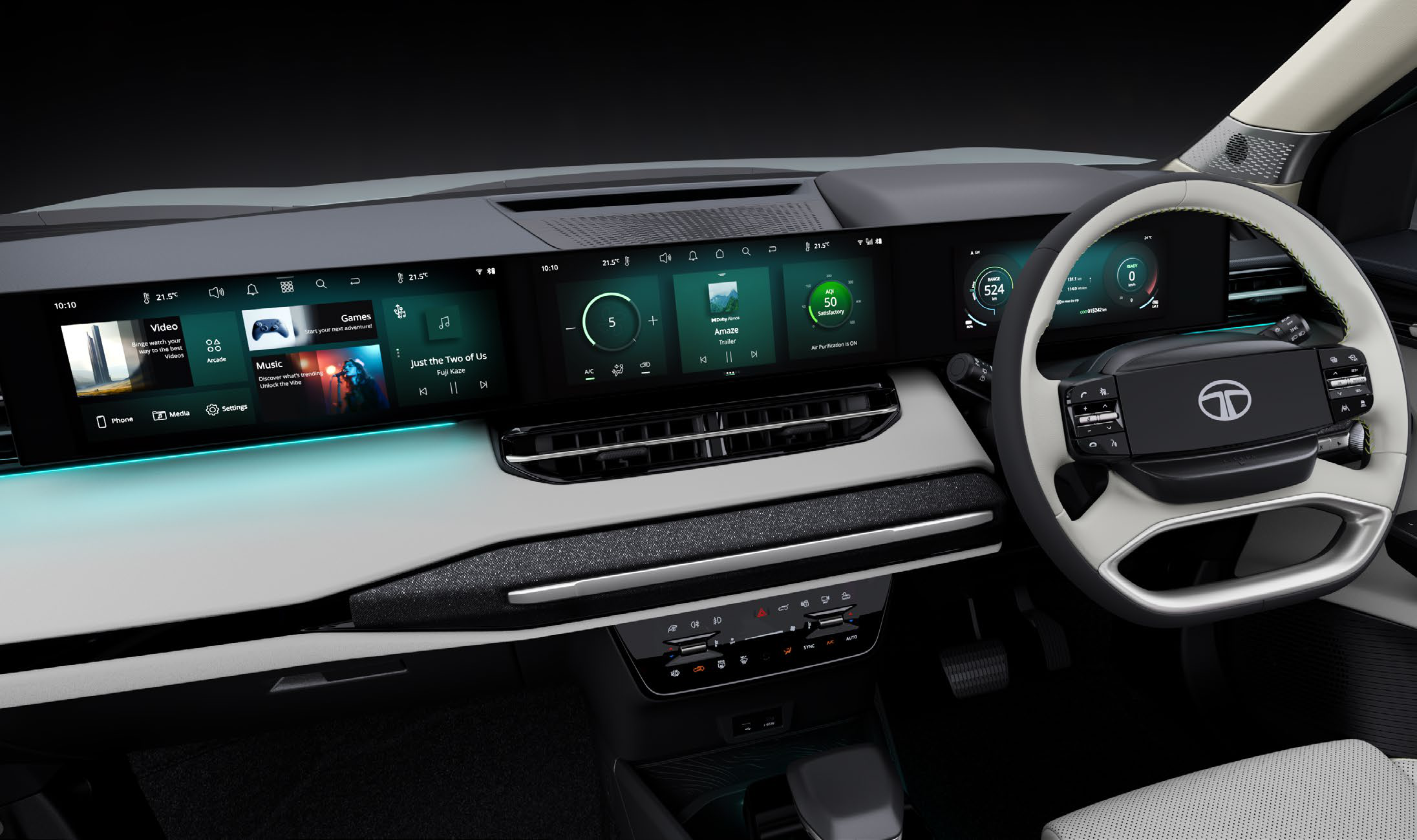 Tata Sierra EV — Horizon View triple-screen layout spans the dash: infotainment, climate/media hub and driver's display