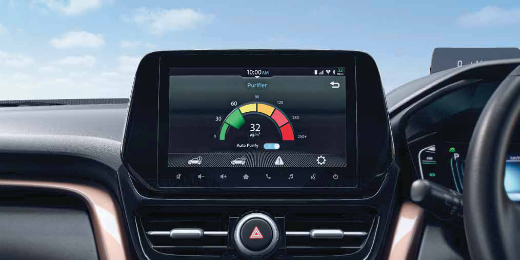 Maruti Suzuki Grand Vitara — In-cabin air purifier with a live PM2.5 readout on the touchscreen.
