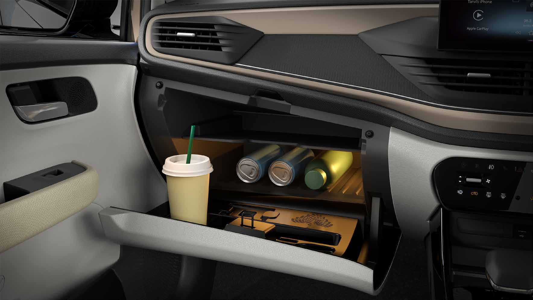 Tata Altroz — Cooled glovebox keeps drinks chilled and essentials fresh, with a shelf built into the illuminated compartment
