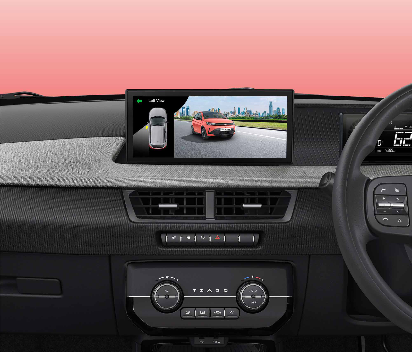 Tata Tiago — Blind View Monitor activates with the turn indicator to show a live blind-spot feed on the touchscreen