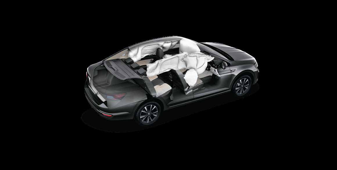 Skoda Slavia — Up to six airbags shown deployed across the cabin.