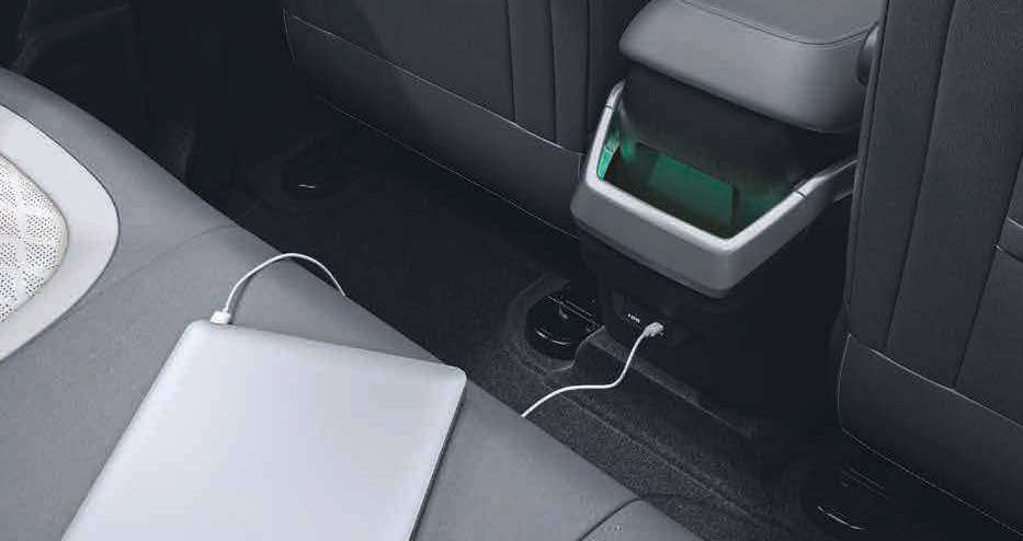 Tata Harrier EV — C-Type 65 W charger in the rear console keeps laptops and devices topped up on the move