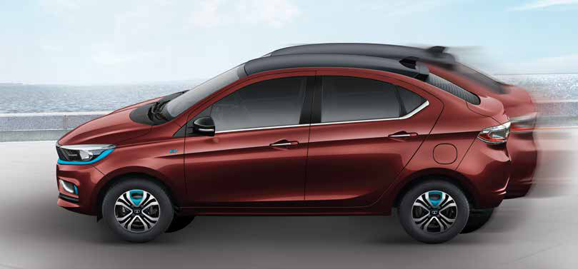 Tata Tigor EV — Accelerates from 0 to 60 km/h in 5.7 seconds, with a 55 kW motor delivering 170 Nm of peak torque