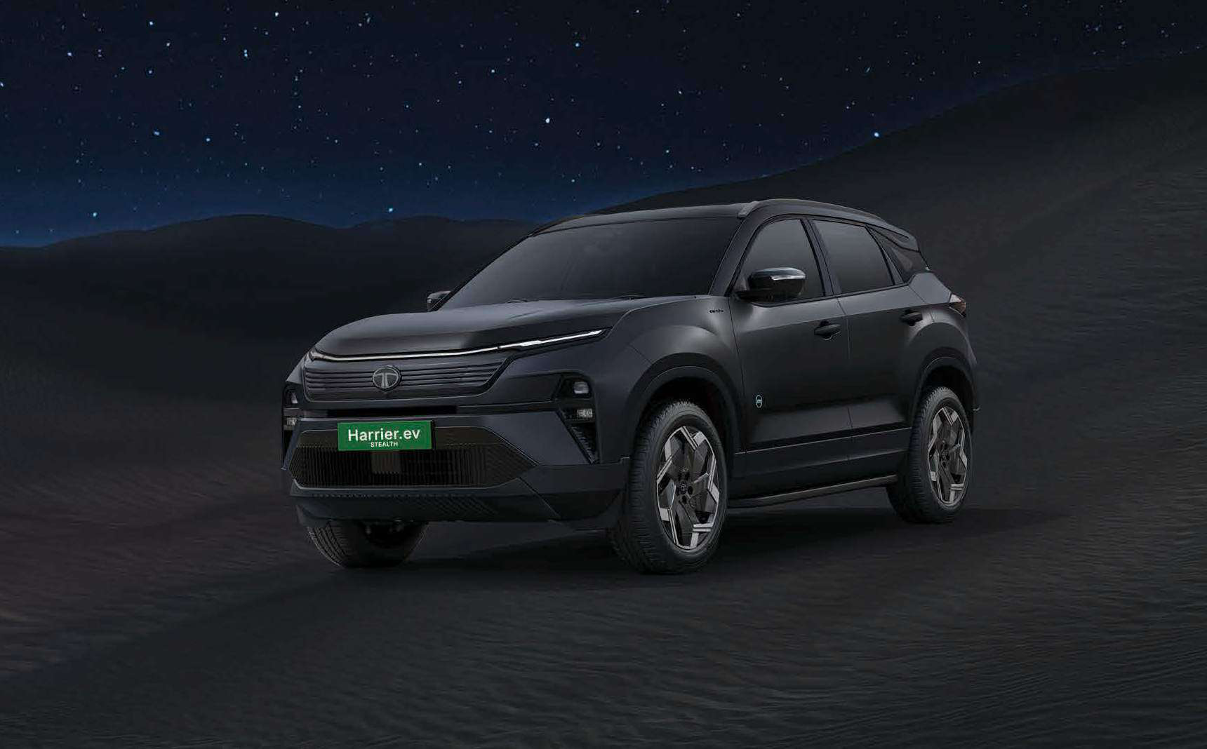 Tata Harrier EV — Stealth Edition wrapped in bold matte black with blacked-out grille, alloys and badging