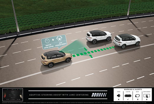 Tata Safari — Adaptive steering assist with lane centering keeps the SUV centred in its lane