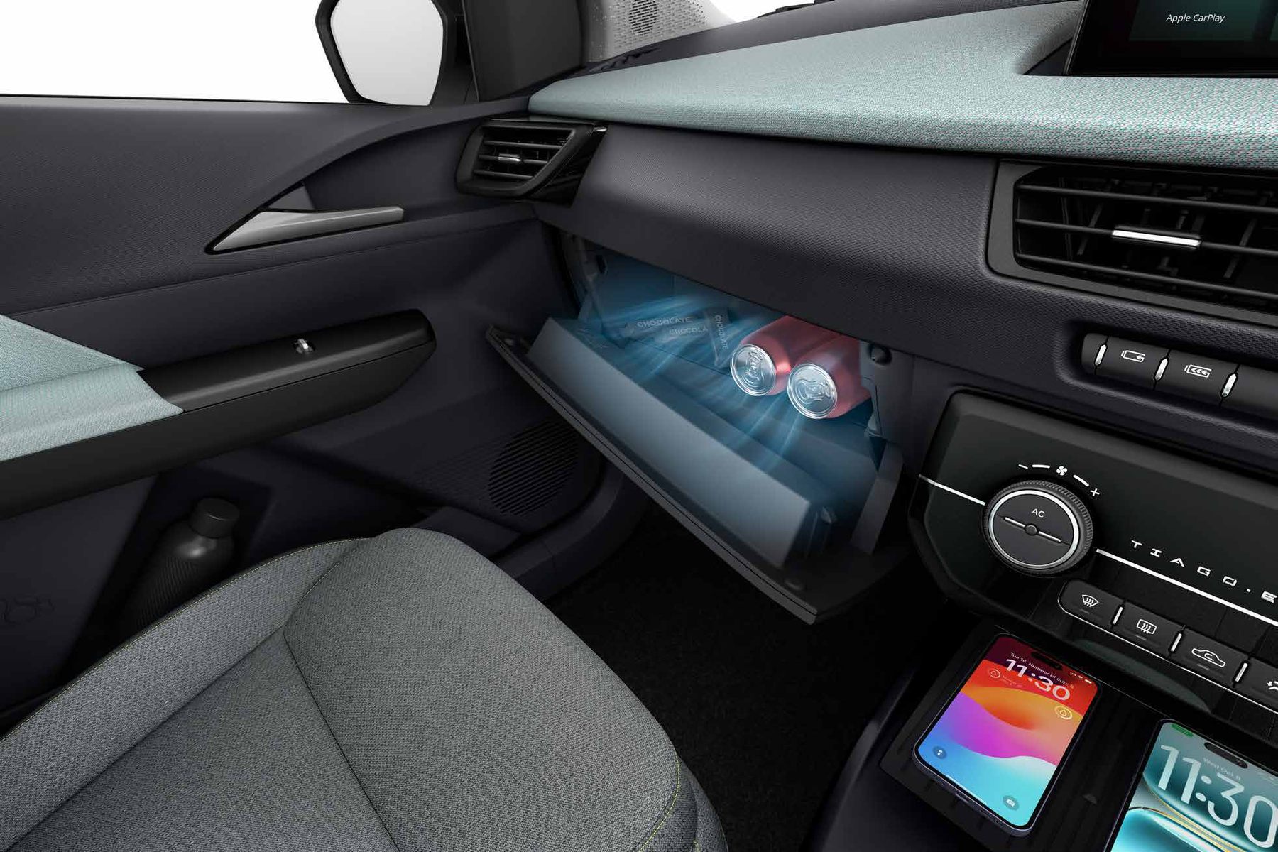 Tata Tiago EV — Cooled glovebox keeps drinks chilled on the move