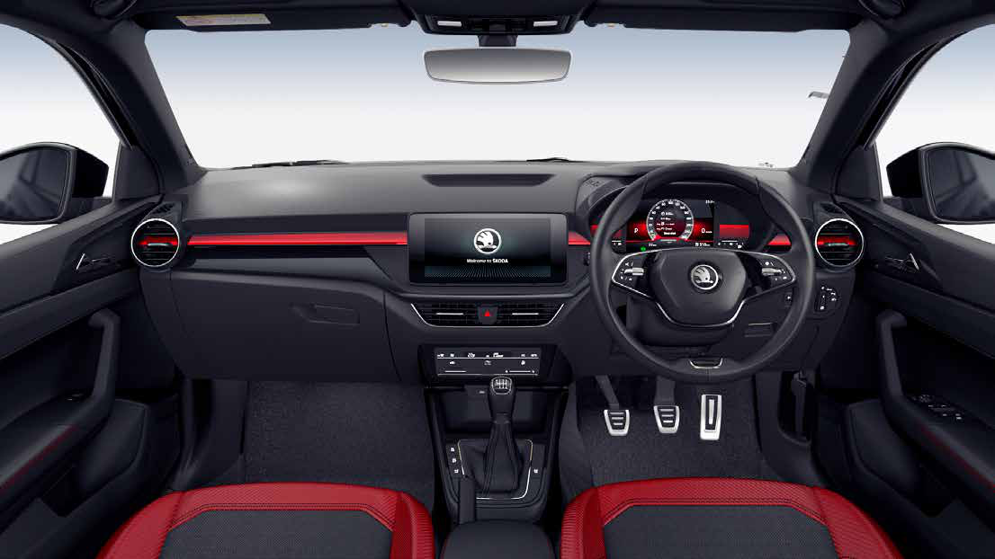 Skoda Slavia — Monte Carlo cabin with the 20.32 cm Virtual Cockpit red theme, red dashboard accents and aluminium pedals.