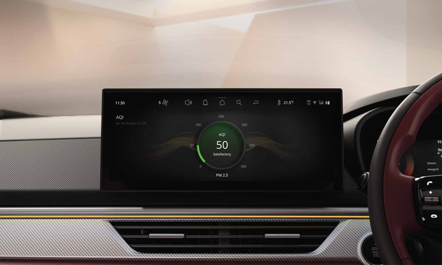 Tata Curvv — Air purifier with AQI display shows real-time cabin air quality on the touchscreen.