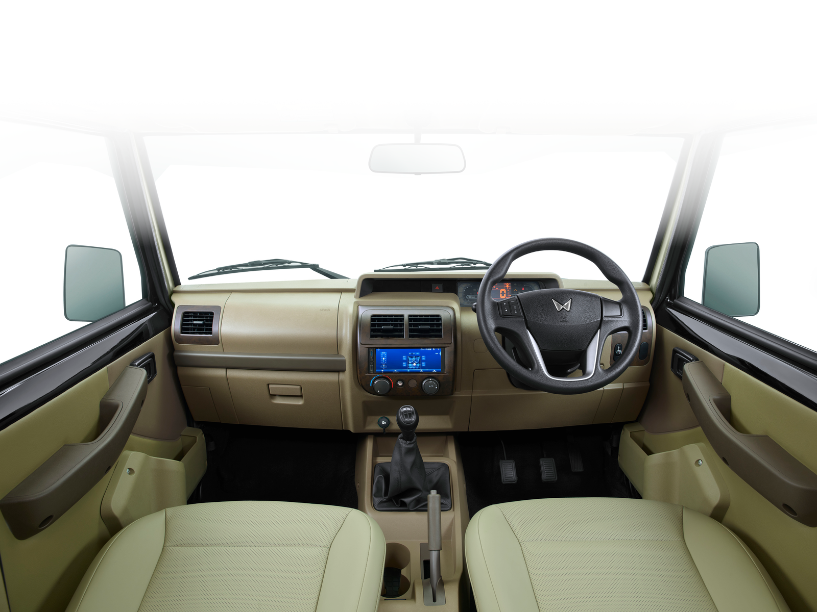 Mahindra Bolero — Dual-tone dashboard with central touchscreen and wood-finish accents