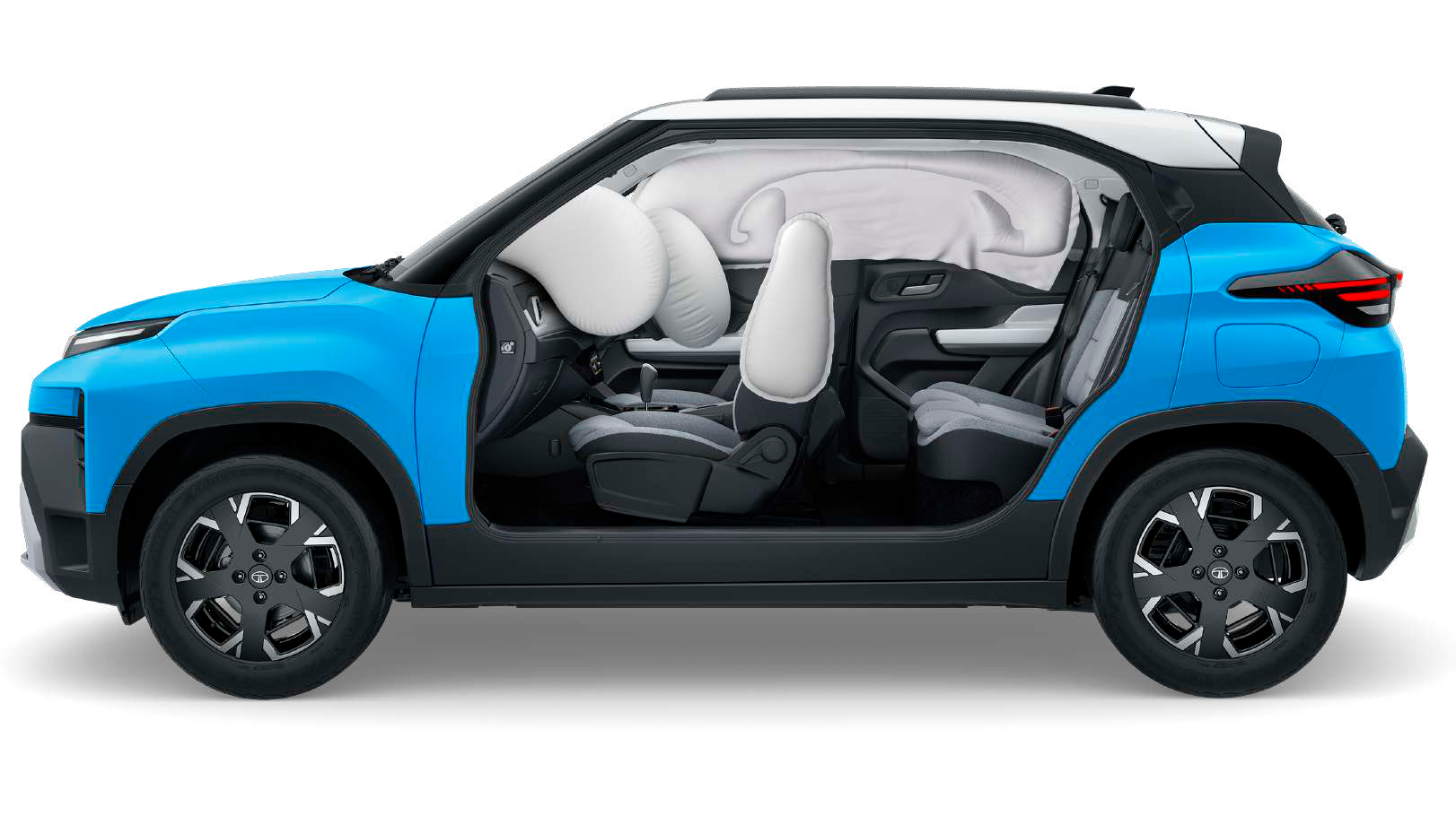 Tata Punch — 6 airbags — dual front, side and curtain — shown deployed in cutaway