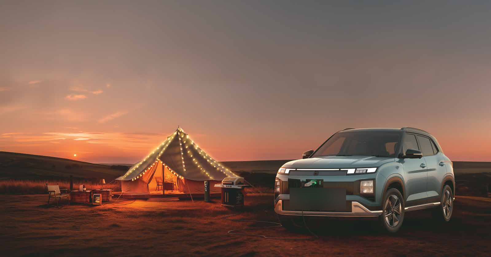 Hyundai Creta Electric — Vehicle-to-Load (V2L) powers appliances outside the car
