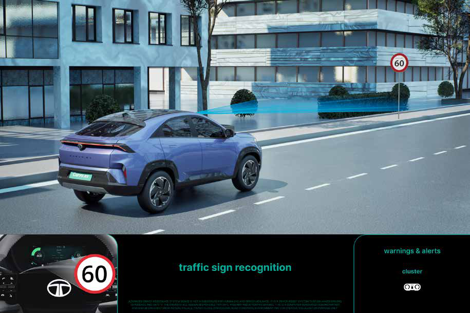 Tata Curvv EV — Traffic Sign Recognition with Over Speed Alert shows the detected limit in the cluster