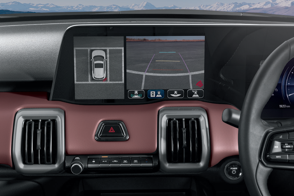 Maruti Suzuki e Vitara — 360-degree surround-view camera with a reversing camera and overhead parking view on the central display.
