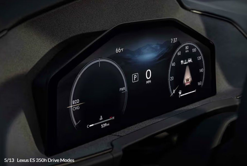 Digital dashboard display showing speedometer, fuel gauge, and drive mode settings at 0 mph.