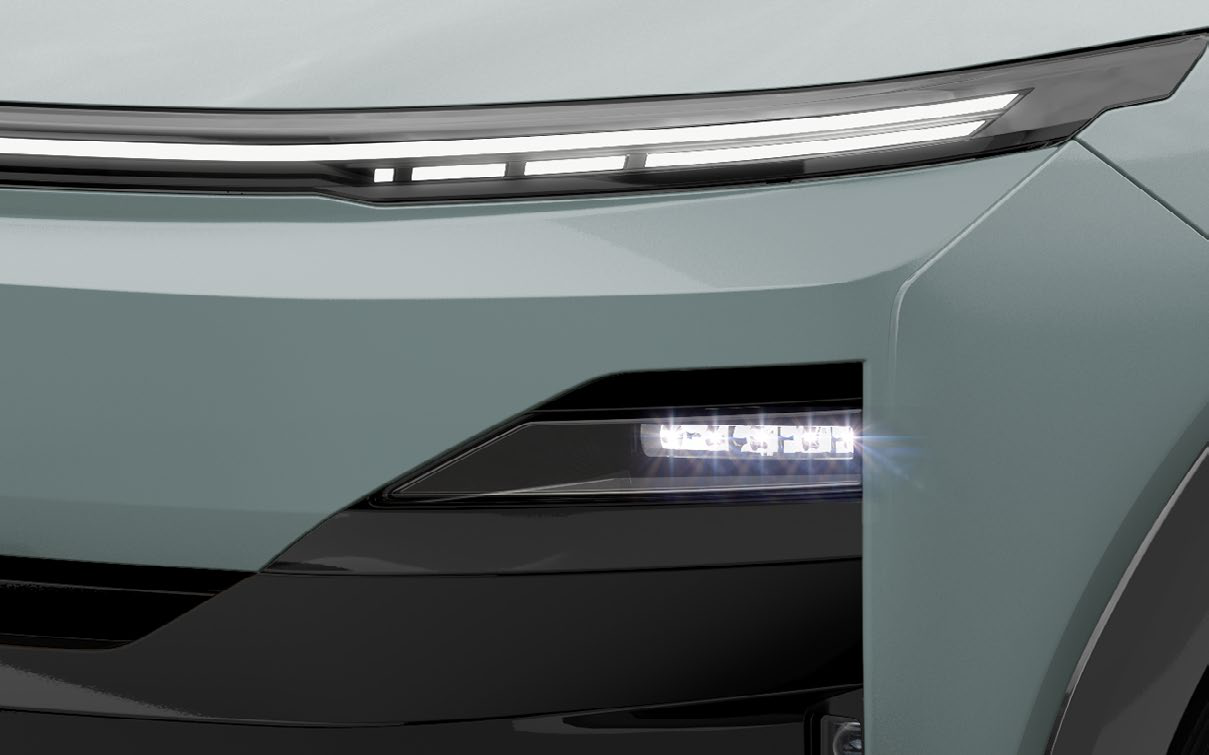 Tata Sierra EV — Night Saber Bi-LED booster headlamp sits below the full-width LED DRL bar for focused night-time illumination
