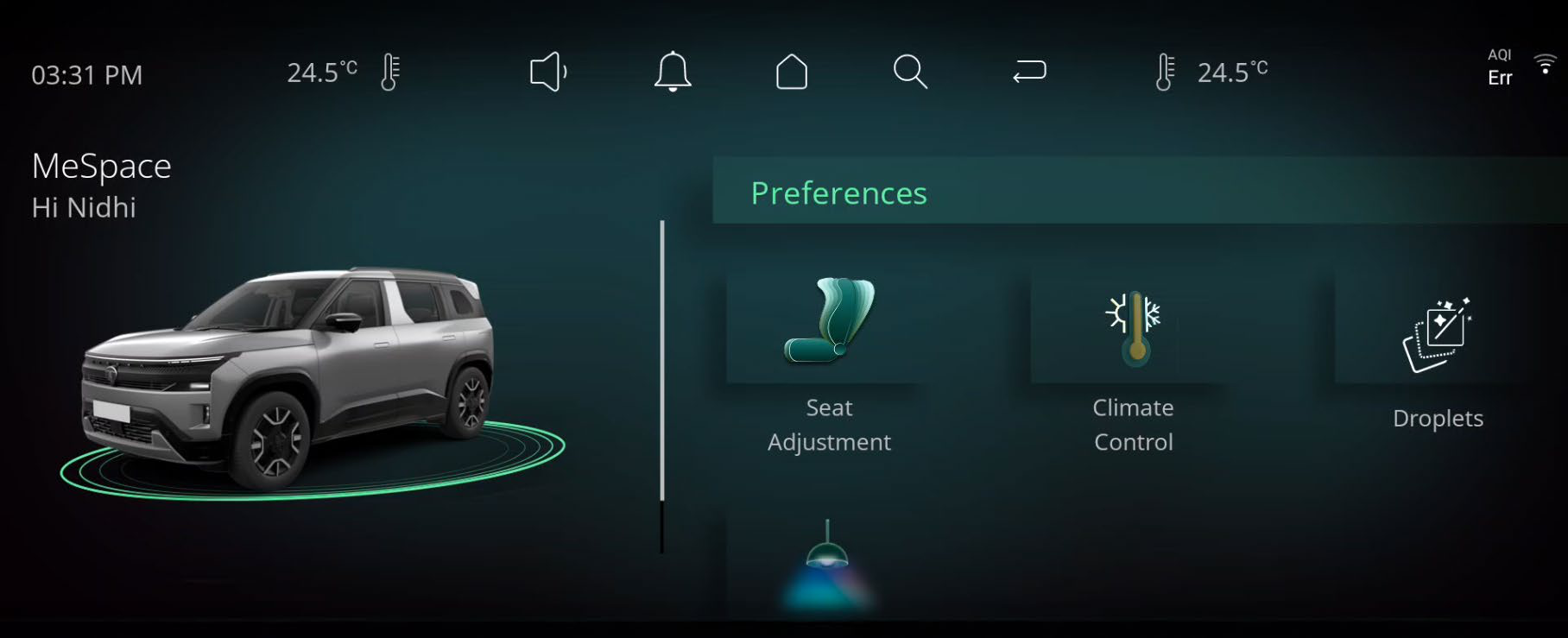 Tata Sierra EV — MeSpace driver profiles save seat, climate and infotainment preferences, even favourite routes