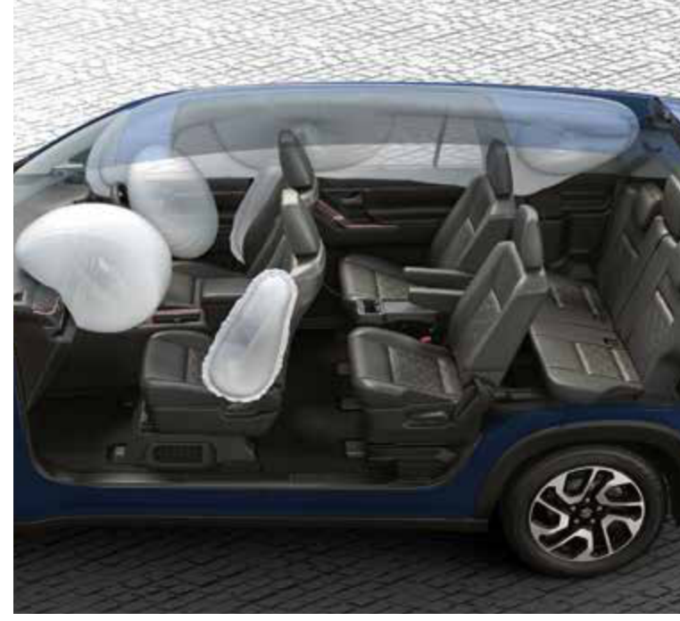 Maruti Suzuki Invicto — Cut-away illustration of the 6-airbag setup - dual front, side and curtain airbags.